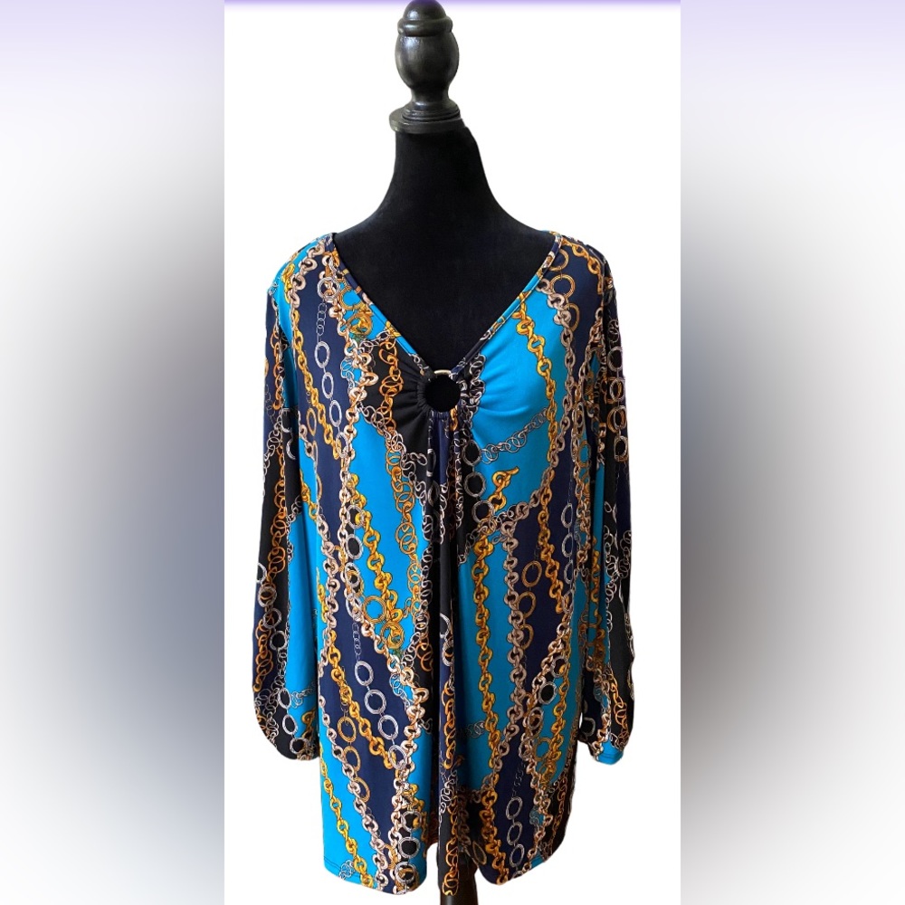 Avenue: Blue and Black Blouse with Gold, and Silver Chain Link Design